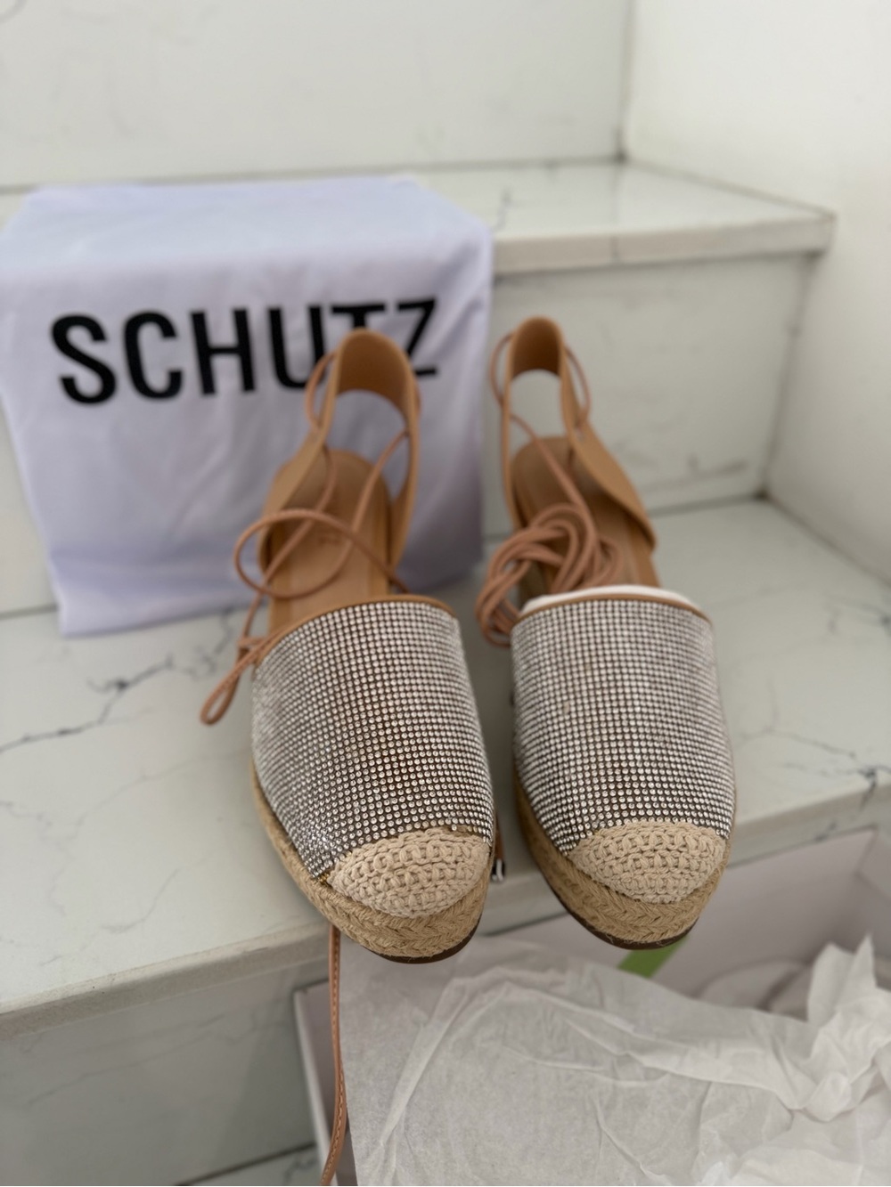 SCHUTZ Tan Espadrille Lace-Up Flats with Silver Rhinestone Toe